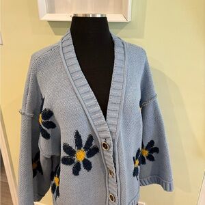 Blue Floral Knit Cardigan Sweater